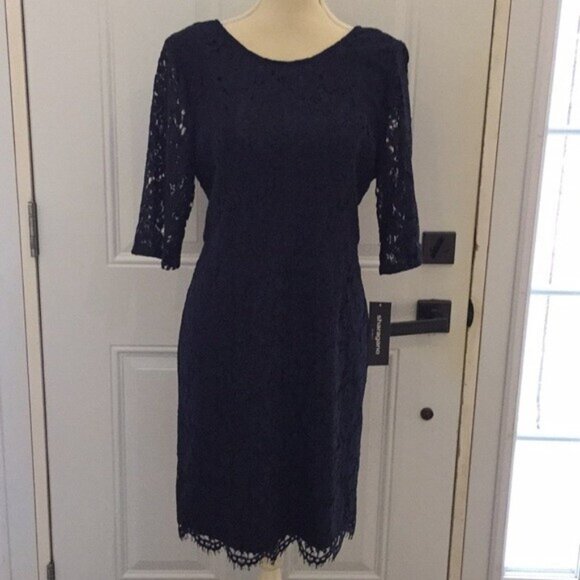 Sharagano Ladies Navy Party Cocktail Dress Lace Sheath Style Size Large - Picture 1 of 16